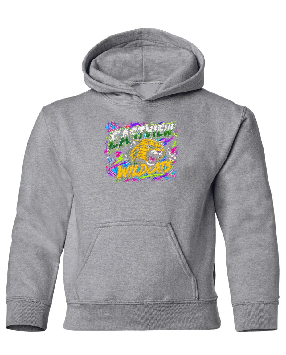A gray hooded sweatshirt with a graphic design on the front.