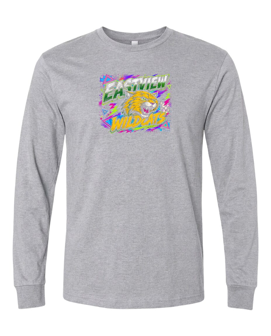 A gray long-sleeved t-shirt with a colorful graphic design featuring a cartoon tiger and the text "EASTVIEW WILDCATS".
