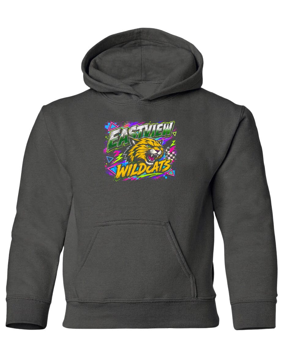 A gray hoodie with a graphic design featuring a cartoon-style tiger and the text "EASTVIEW WILDCATS".