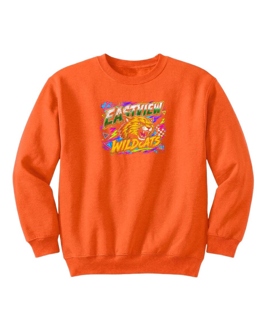 An orange sweatshirt with a colorful graphic design featuring a lion and the text "EASTVIEW WILDCATS".