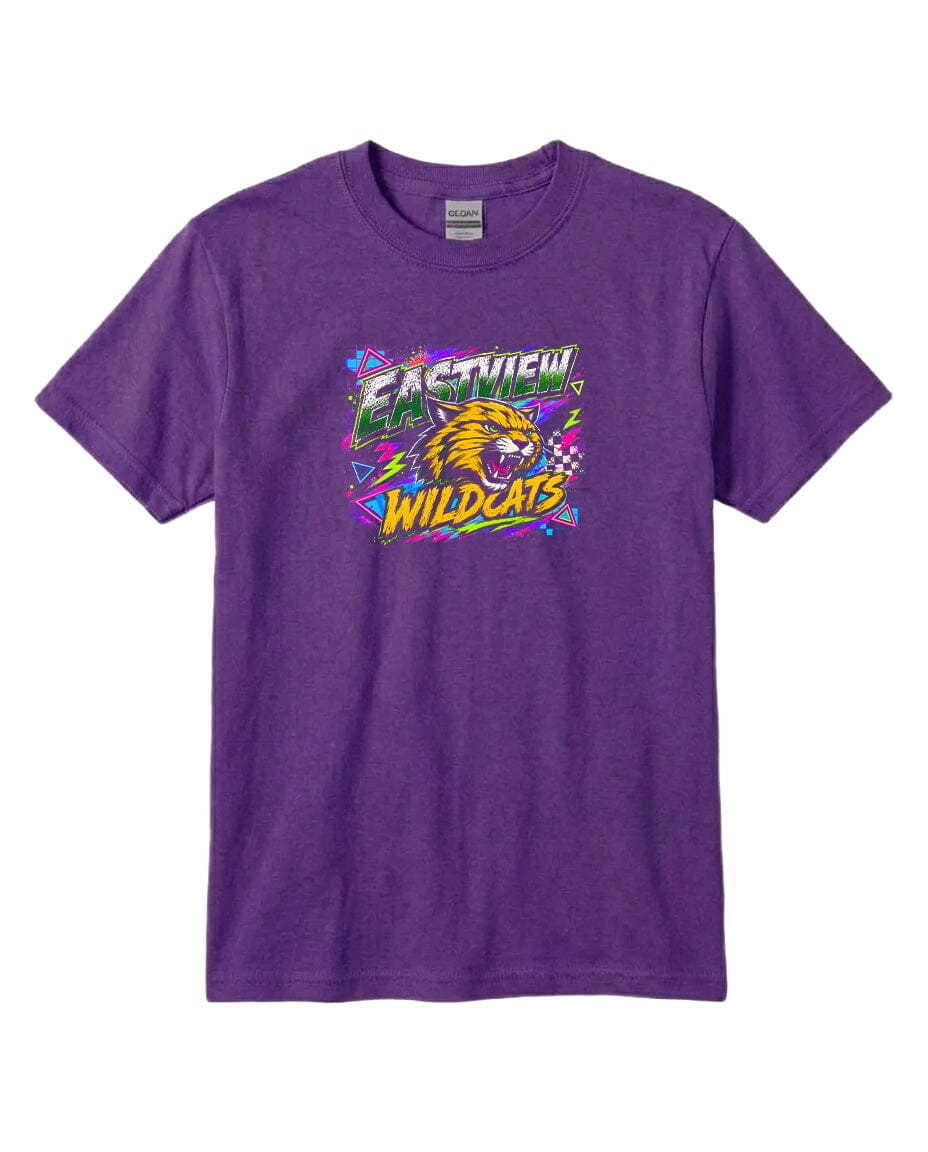 A purple t-shirt with a graphic design featuring a stylized depiction of a wildcat and the text "EASTVIEW WILDCATS".