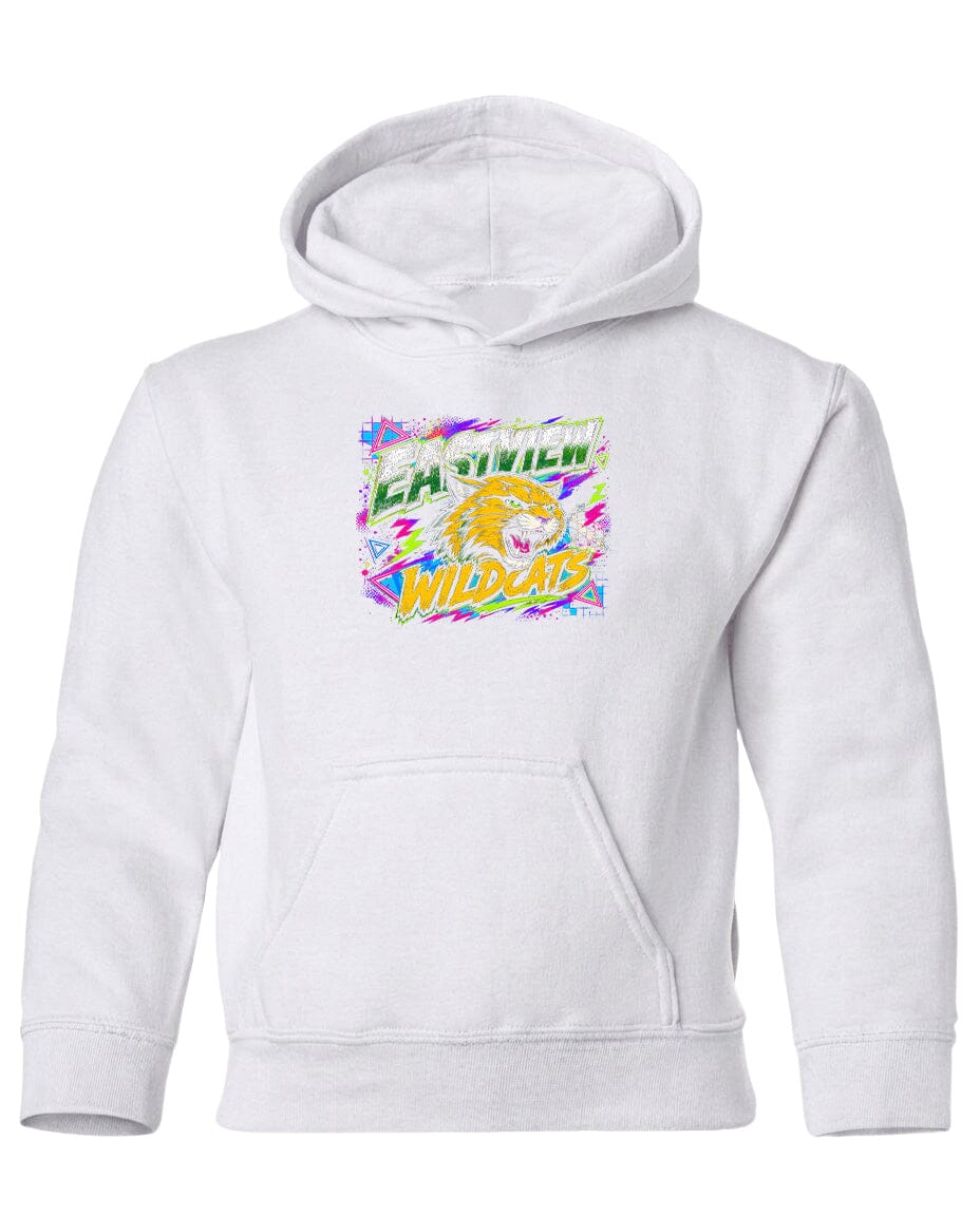 A white hoodie with a graphic design featuring a yellow and green dragon-like creature and the text "EAGLE WILDCATS" printed on it.