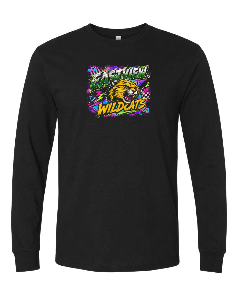 A black long-sleeved t-shirt with a colorful graphic design featuring a cartoon-like wildcat's head and the text "EASTVIEW WILDCATS" in a vibrant, retro-style font.