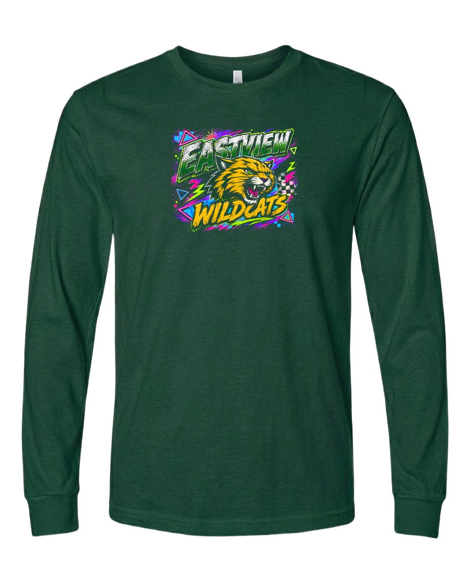 A long-sleeved green t-shirt with a graphic design featuring a yellow and green cartoon-style cat with a fierce expression, surrounded by colorful and abstract elements.