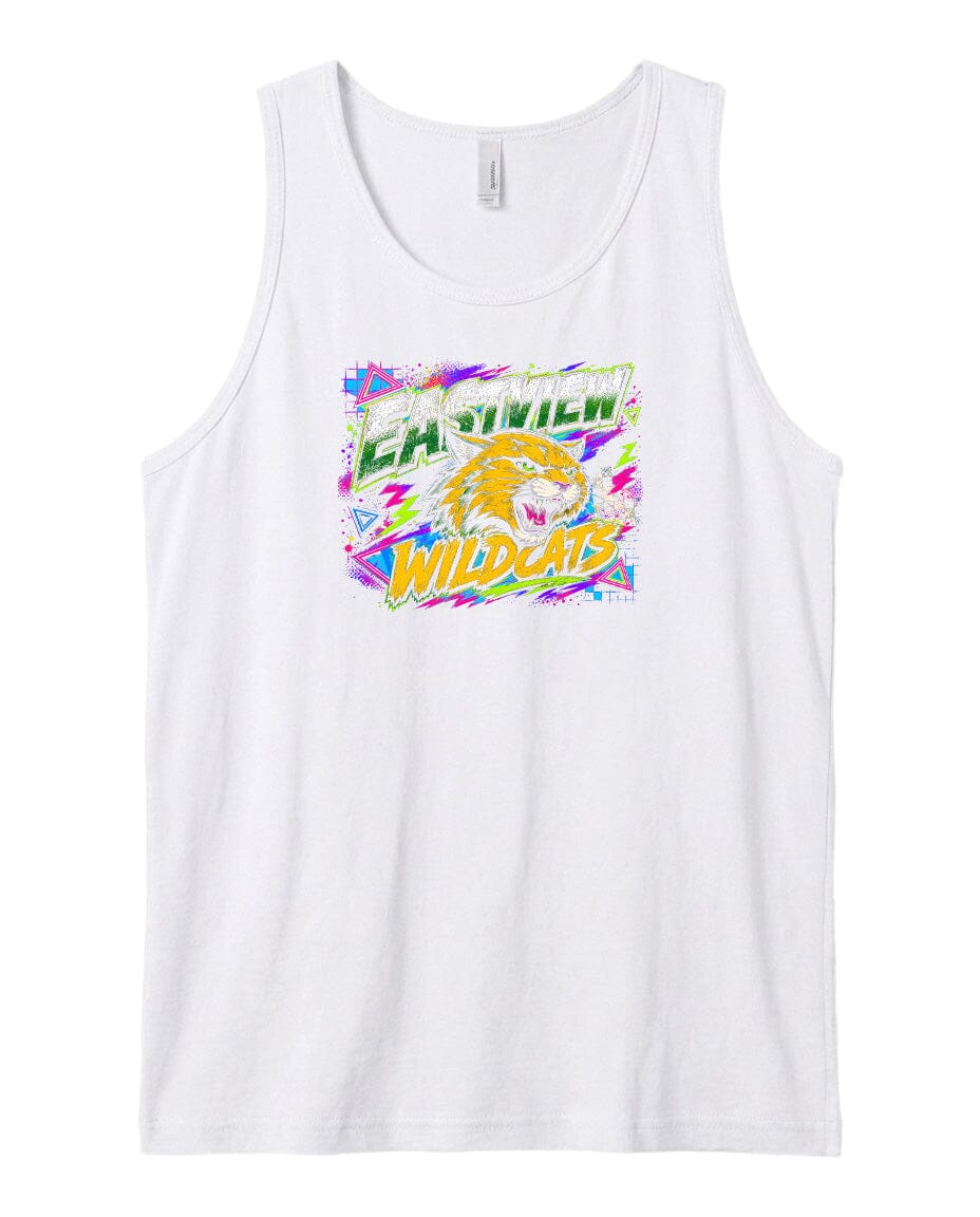 A white tank top with a graphic design featuring a stylized depiction of a wildcat and the text "EAST VISION WILDCATS" in a colorful, retro-inspired style.