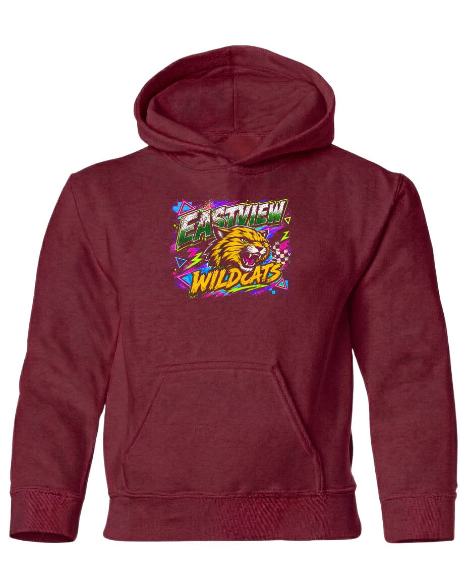 A burgundy-colored hoodie with a graphic design featuring a cartoon-like wildcat and the text "EASTVIEW WILDCATS".