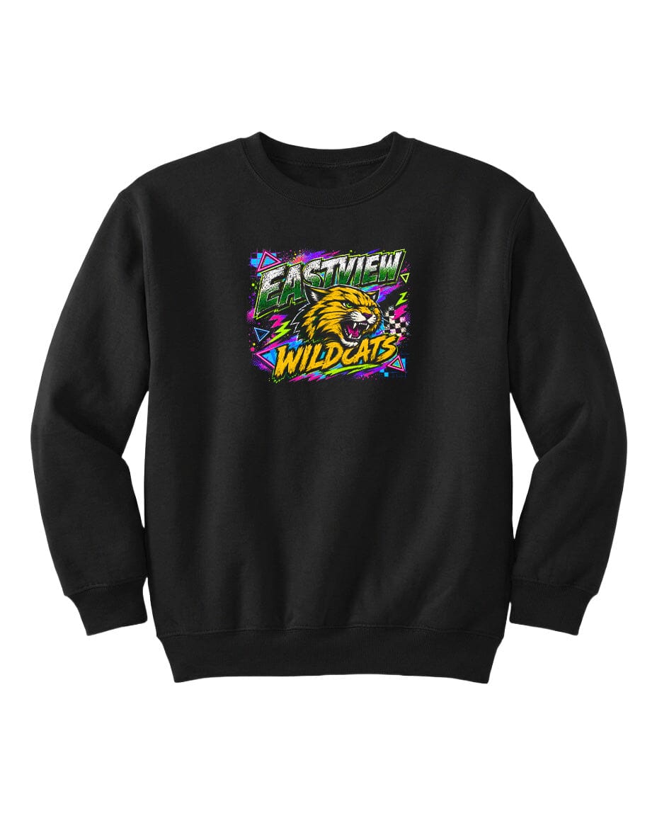 A black sweatshirt with a colorful graphic design featuring a cartoon-like wildcat and the text "EASTVIEW WILDCATS".