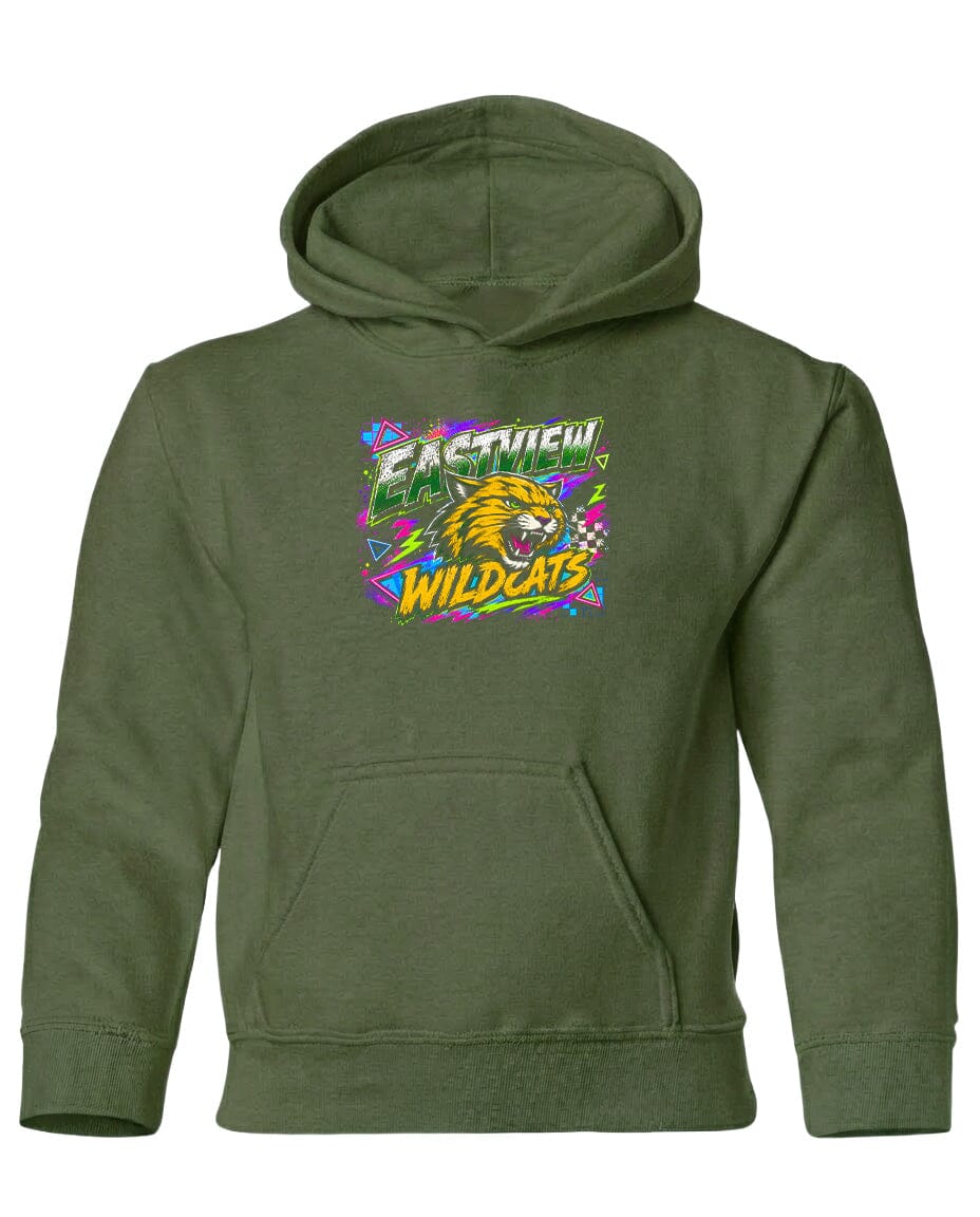 A green hoodie with a graphic design featuring a cartoon-style wildcat and the text "EASTVIEW WILDCATS".