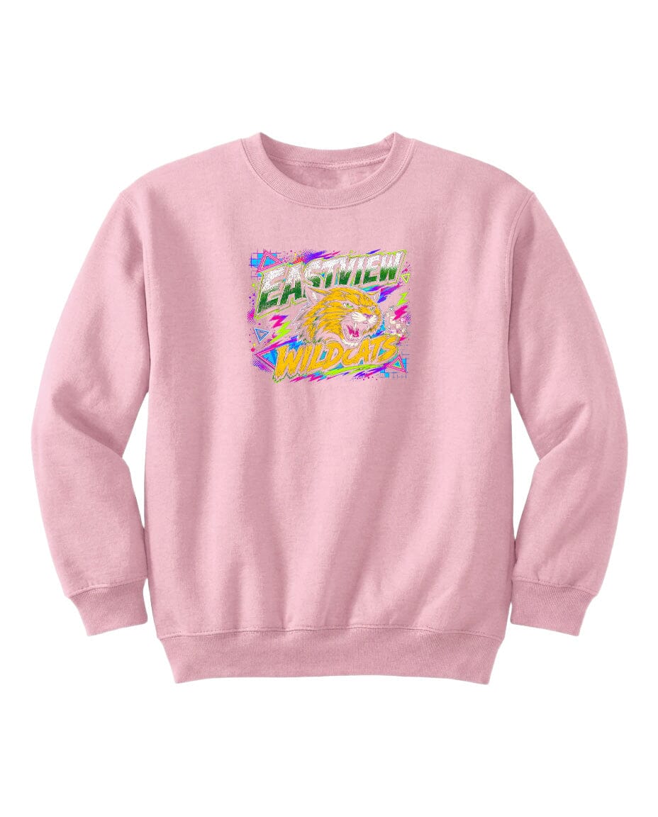 A pink sweatshirt with a graphic design featuring a yellow and green tiger.