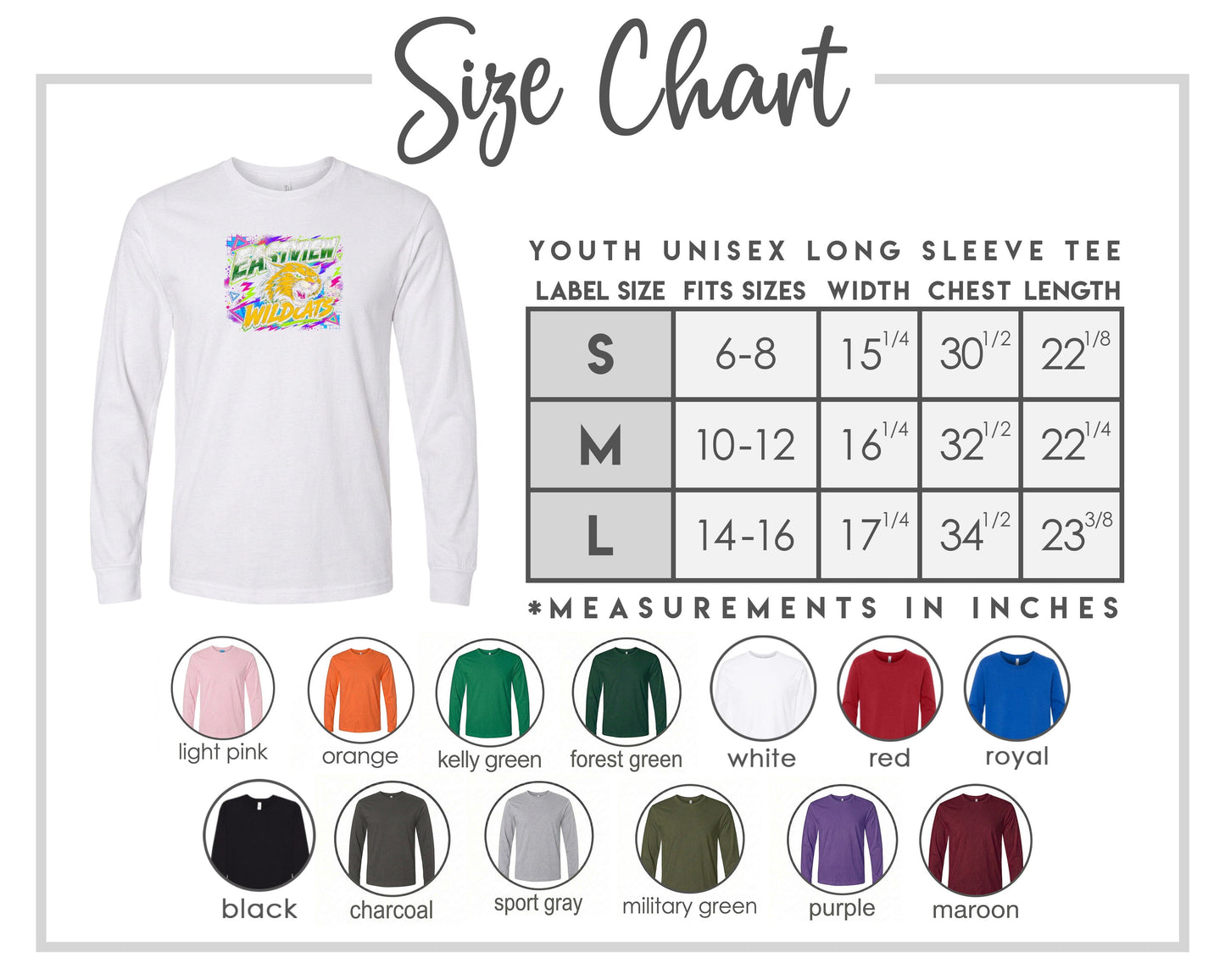 The image is a size chart for a youth unisex long sleeve tee, providing measurements for different age groups and sleeve length.