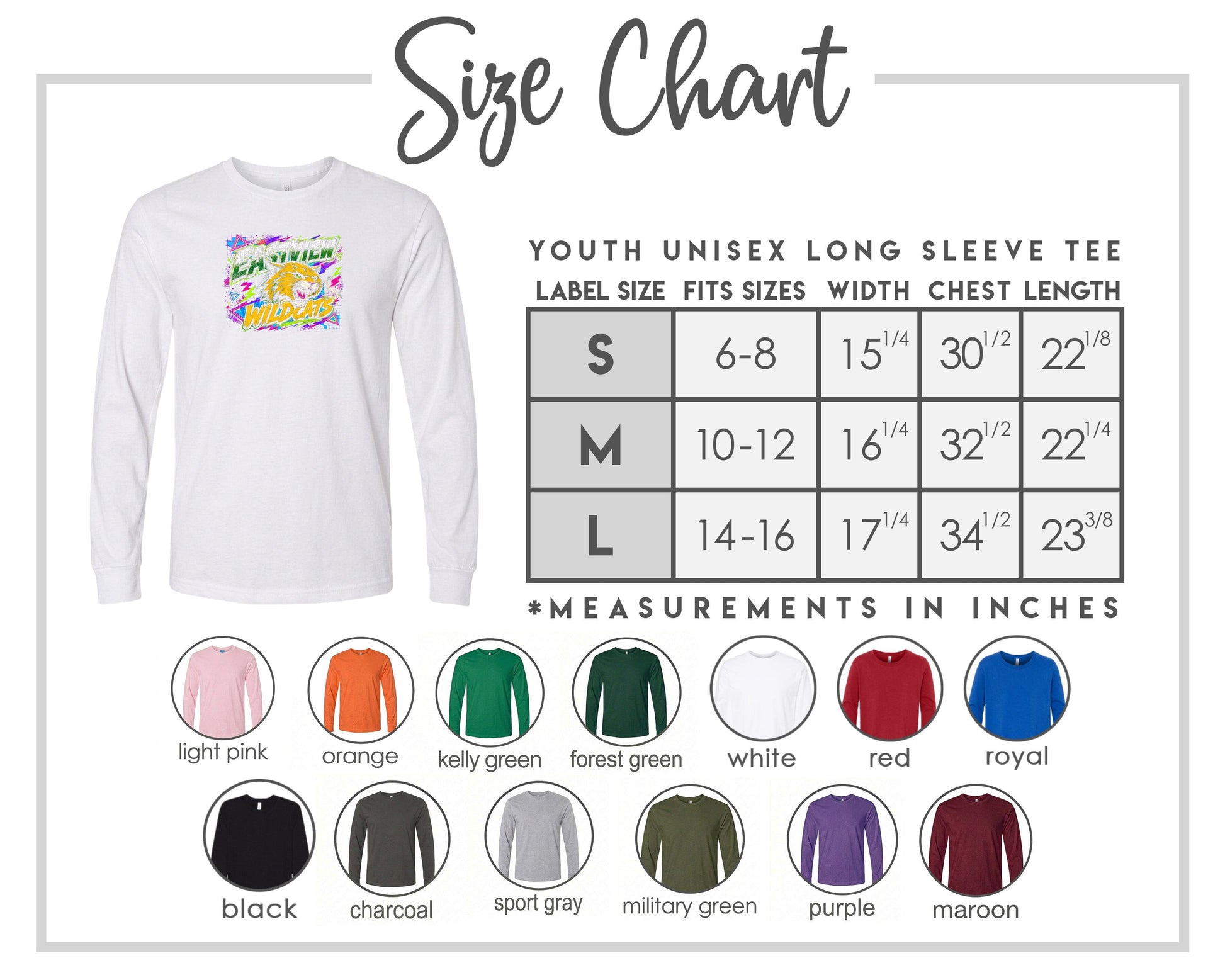 The image is a size chart for a youth unisex long sleeve tee, providing measurements for different age groups and sleeve length.