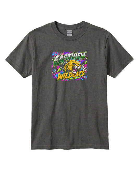 A gray t-shirt with a graphic design featuring a cartoon-like depiction of a wildcat and the text "EASTVIEW WILDCATS" in a colorful, retro-style font.