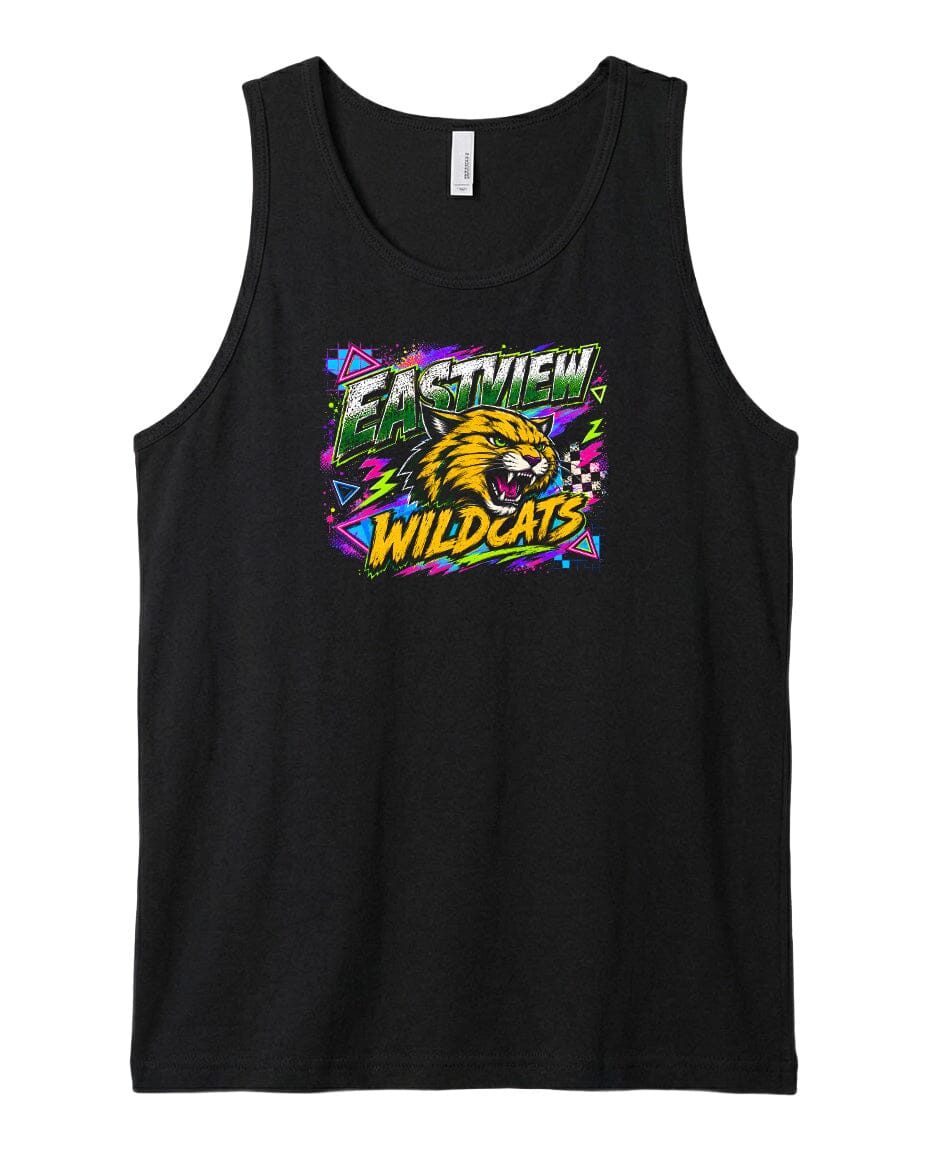 A black tank top with a colorful graphic design featuring a fierce-looking tiger or wolf-like creature, surrounded by vibrant geometric shapes and text.