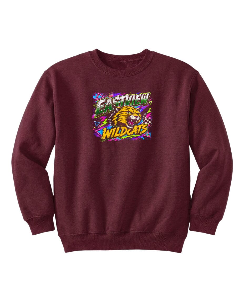 A burgundy sweatshirt with a graphic design featuring a cartoon-like wildcat and the text "EASTVIEW WILDCATS".