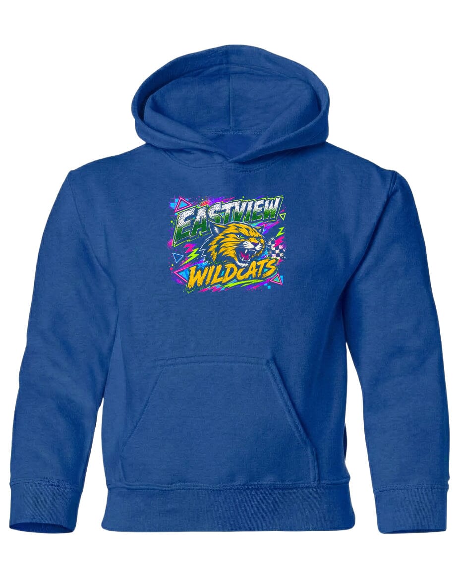 A blue hoodie with a graphic design featuring a stylized depiction of a wildcat and the text "EASTVIEW WILDCATS".