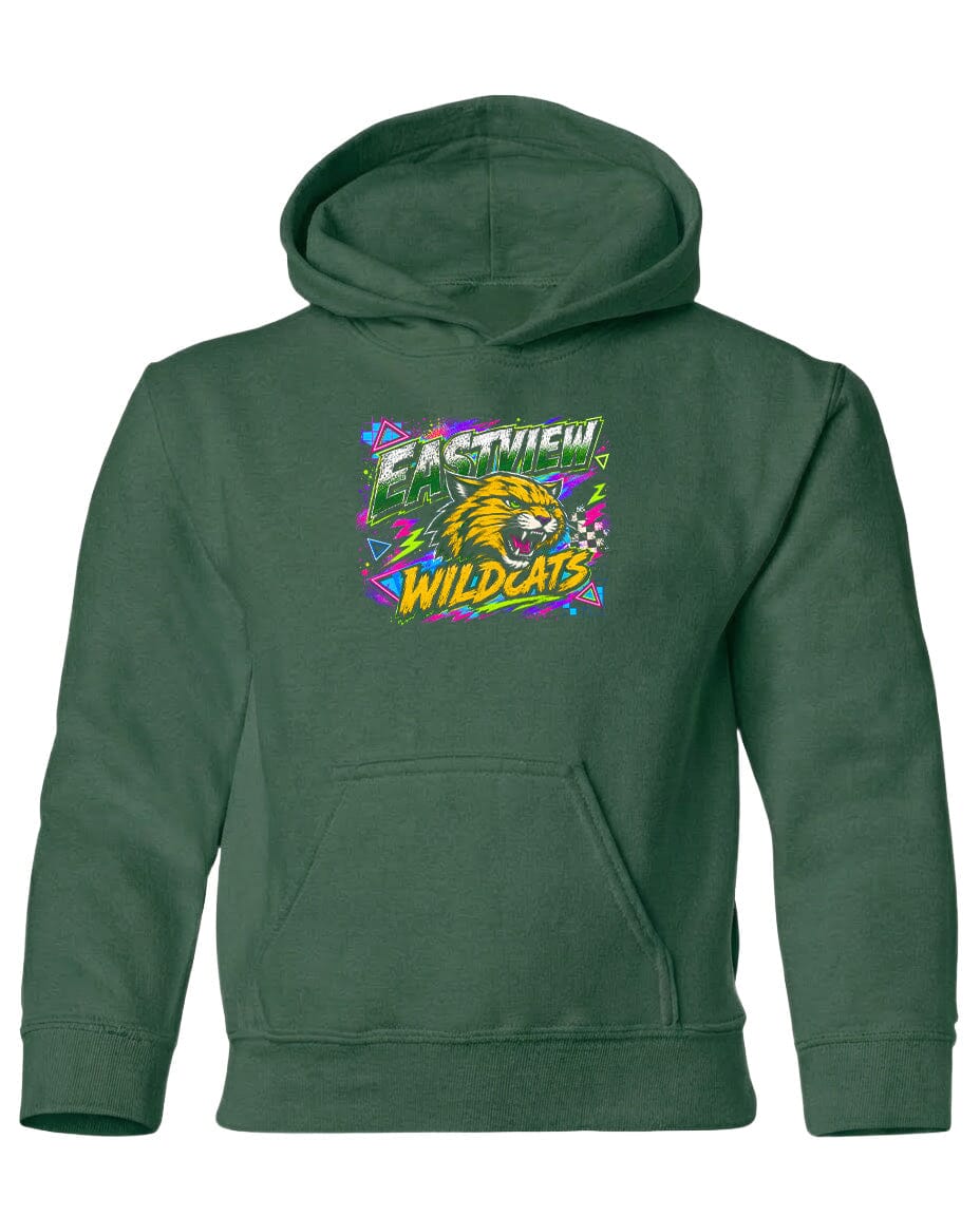 A green hoodie with a graphic design featuring a cartoon-like wildcat and the text "EASTVIEW WILDCATS".