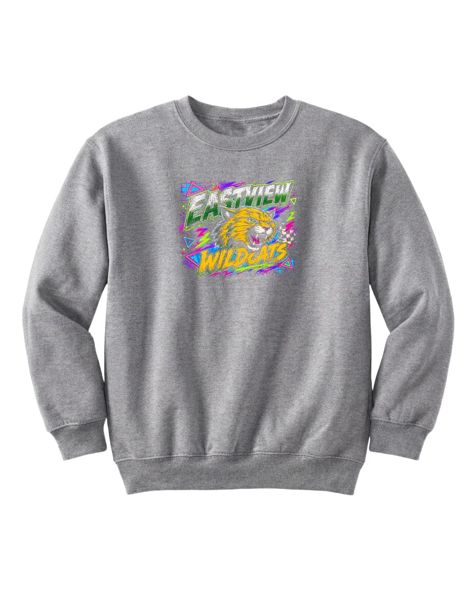 A gray sweatshirt with a colorful graphic design featuring a cartoon-like character and text.