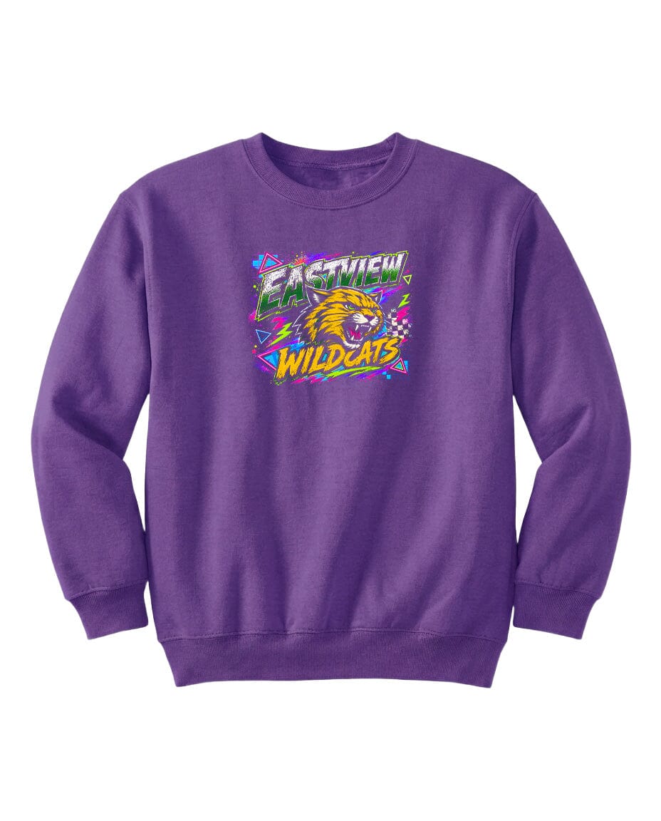A purple sweatshirt with a graphic design featuring a cartoon-like wildcat and the text "EASTVIEW WILDCATS".