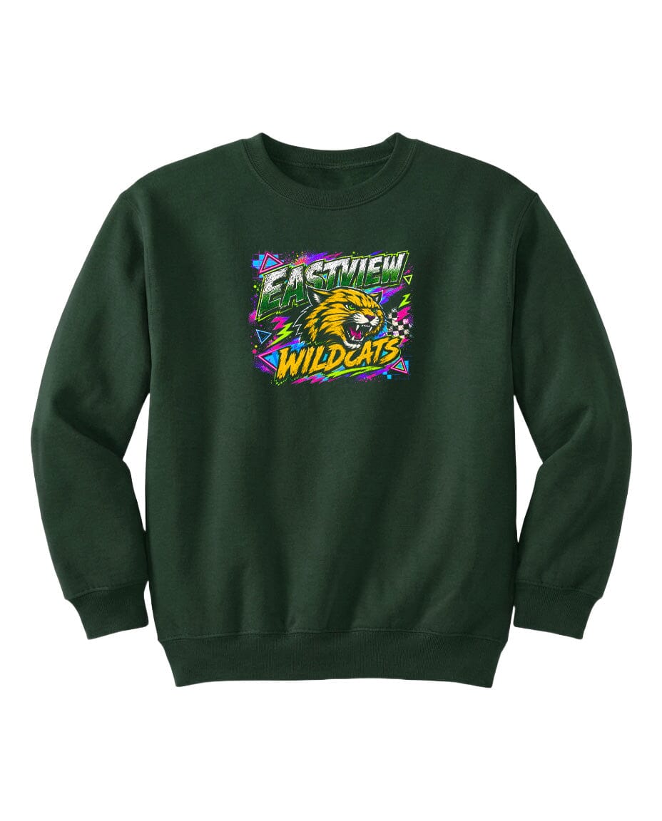 A dark green sweatshirt with a colorful graphic design featuring a cartoon-like wildcat and the text "EASTVIEW WILDCATS".