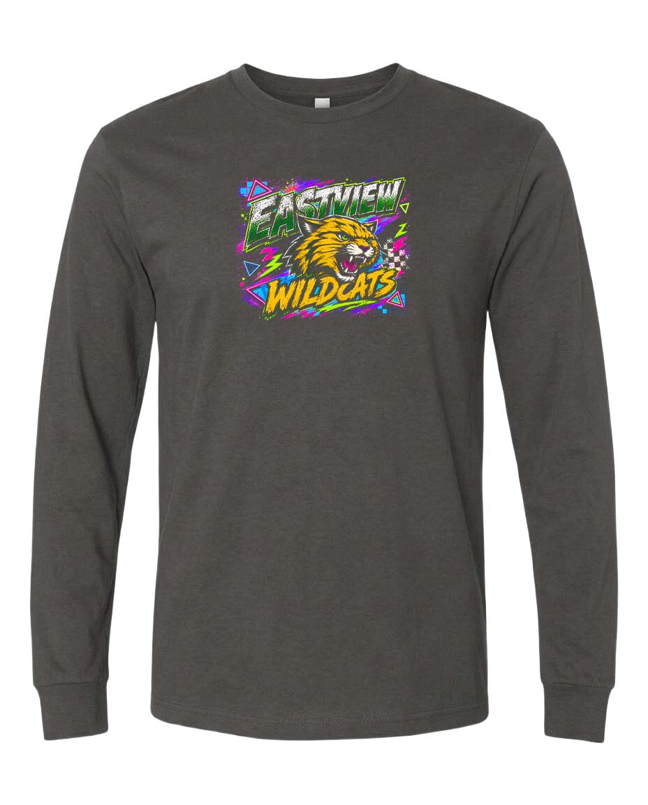 A gray long-sleeved t-shirt with a graphic design featuring a yellow and orange cat with a fierce expression, surrounded by colorful and abstract elements.
