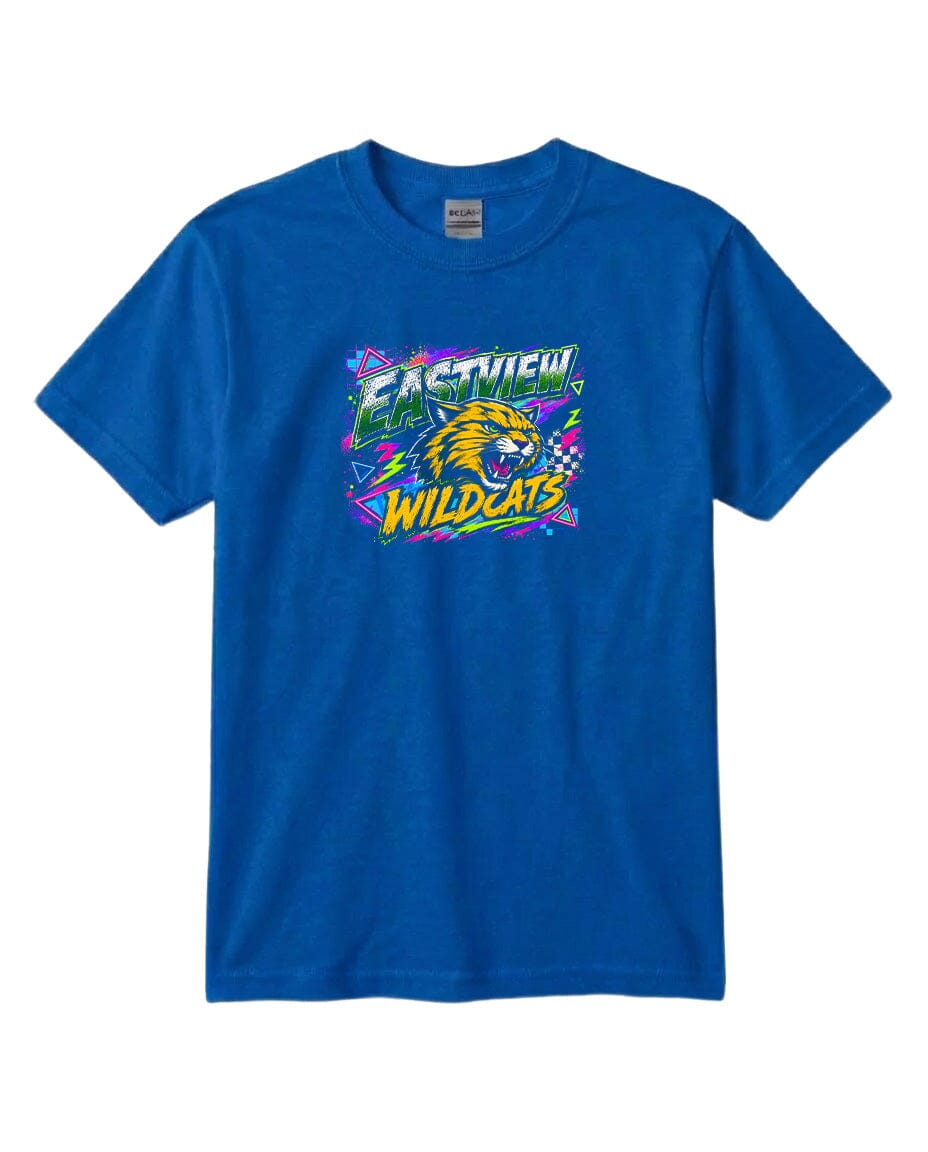 A blue t-shirt with a graphic design featuring a stylized depiction of a wildcat and the text "EASTVIEW WILD cats".