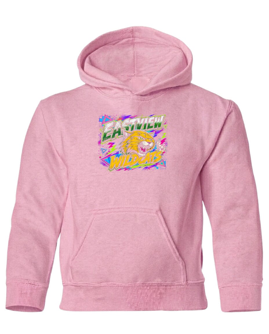 A pink hoodie with a graphic design featuring a tiger and the text "EAST WILDCATS" printed on it.