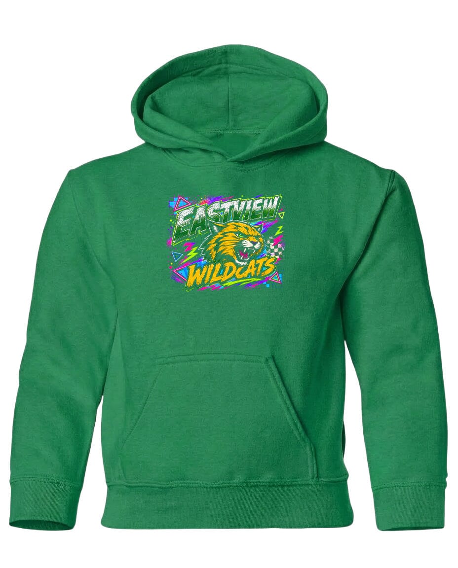 A bright green hoodie with a graphic design featuring a stylized depiction of a cat and the text "EASTVIEW WILDCATS" printed on it.