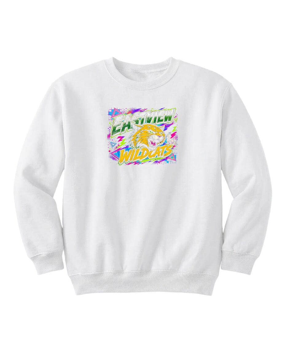 A white sweatshirt with a colorful graphic design featuring a tiger or lion-like creature and the text "EAGLEW WILDCATS" printed on it.