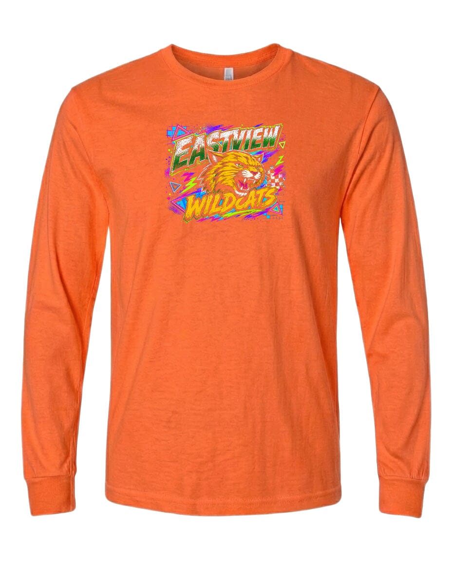 An orange long-sleeved t-shirt with a graphic design featuring a cartoon-like wildcat and the text "EASTVIEW WILDCATS" printed on it.