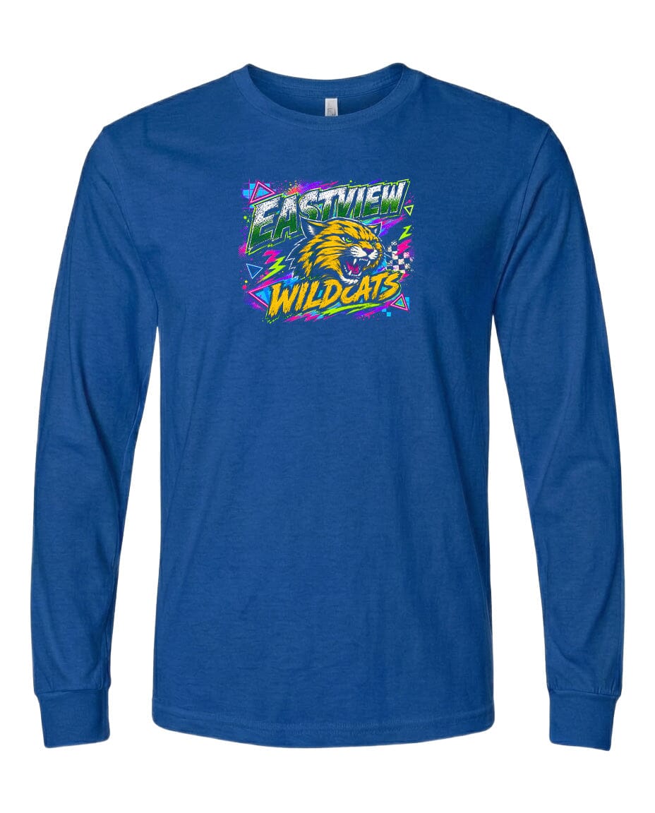 A blue long-sleeved t-shirt with a graphic design featuring a yellow and orange cat with a fierce expression, surrounded by colorful geometric shapes and text.