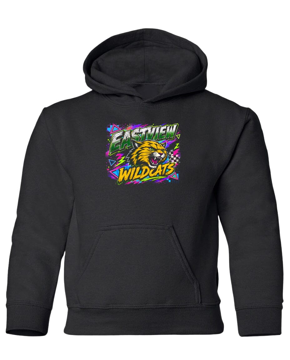 A black hoodie with a colorful graphic design featuring a cartoon-like wildcat and the text "EASTVIEW WILDCATS".