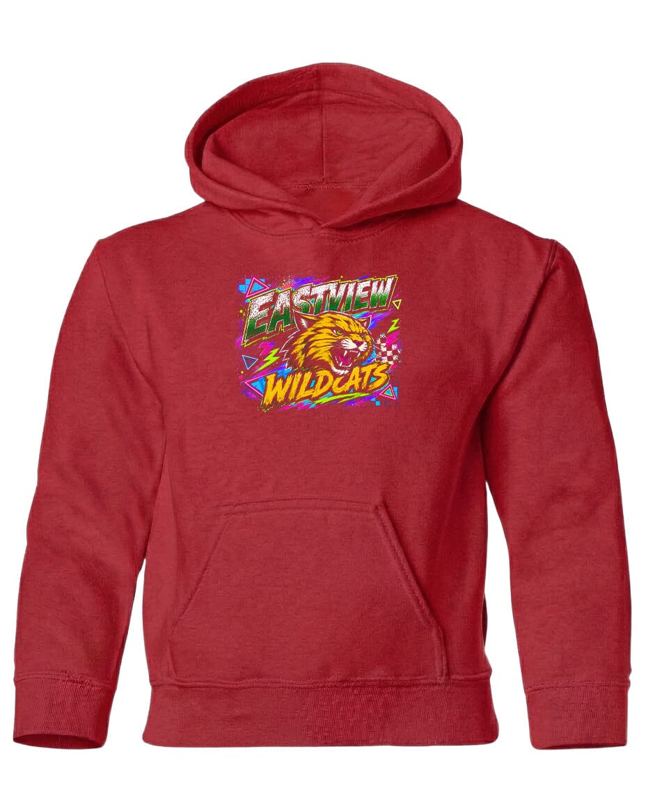A red hoodie with a graphic design featuring a tiger and the text "EASTVIEW WILDCATS".