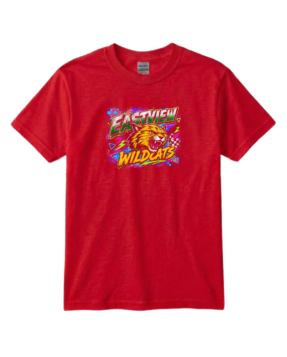 A red t-shirt with a graphic design featuring a cartoon-like depiction of a wildcat and the text "EASTVIEW WILDCATS" printed on it.