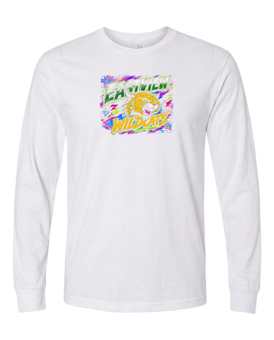A white long-sleeved t-shirt with a graphic design featuring a yellow and green dragon-like creature and the text "EAST VIRGIN WILDLIFE" printed on it.