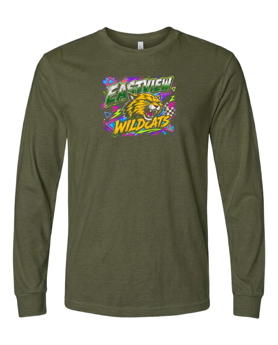 A long-sleeved olive green t-shirt with a graphic design featuring a cartoon-like depiction of a wildcat and the text "EASTVIEW WILDCATS" printed on it.