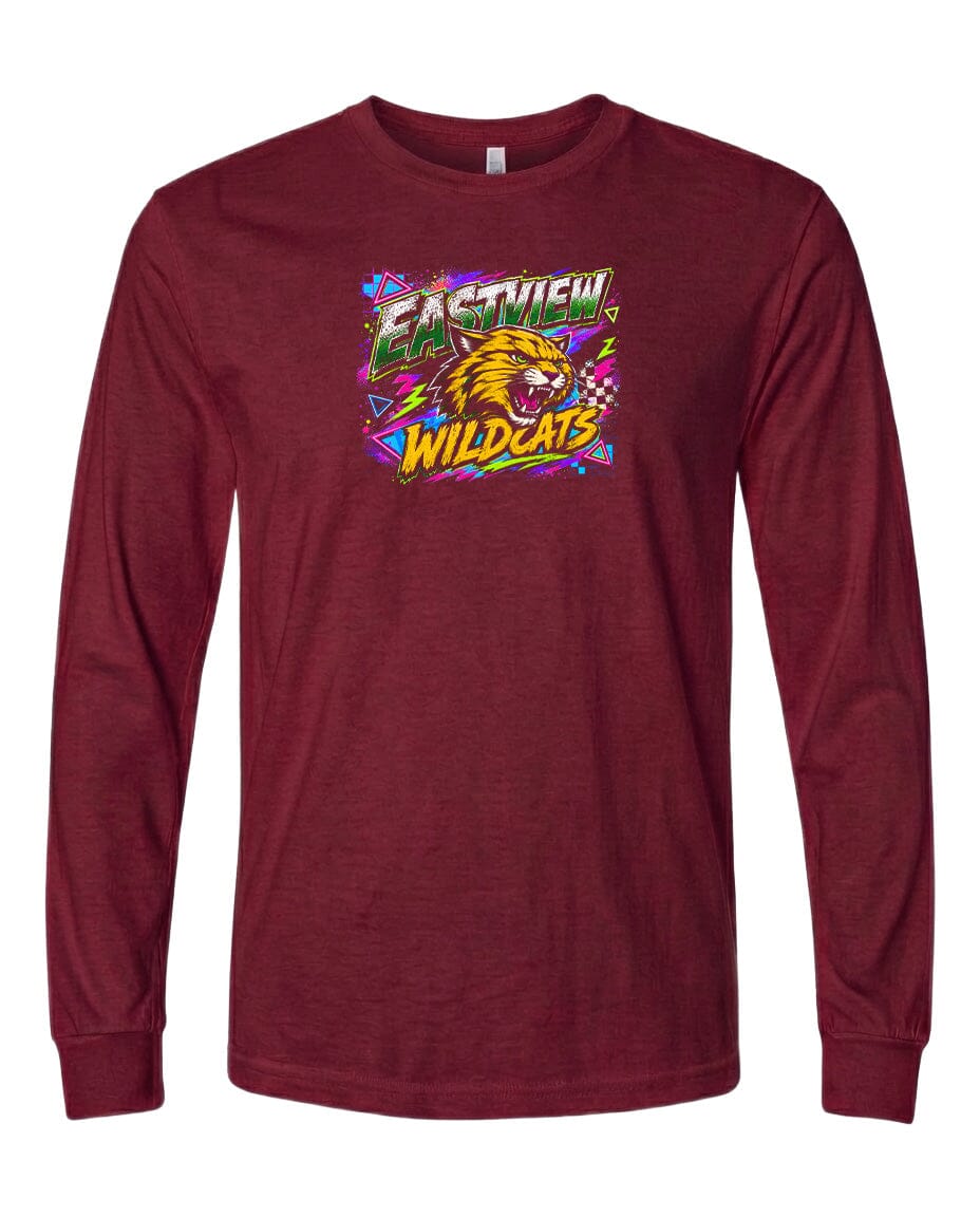 A burgundy long-sleeved t-shirt with a graphic design featuring a yellow and orange wildcat's head and the text "EASTVIEW WILDCATS" in a colorful, stylized font.