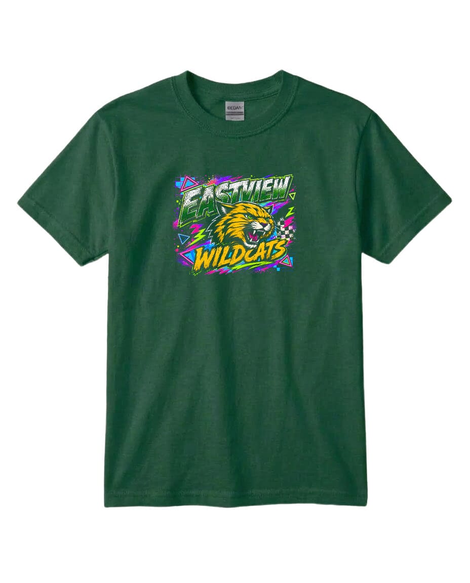 A green t-shirt with a graphic design featuring a stylized depiction of a wildcat's head surrounded by colorful, abstract shapes.