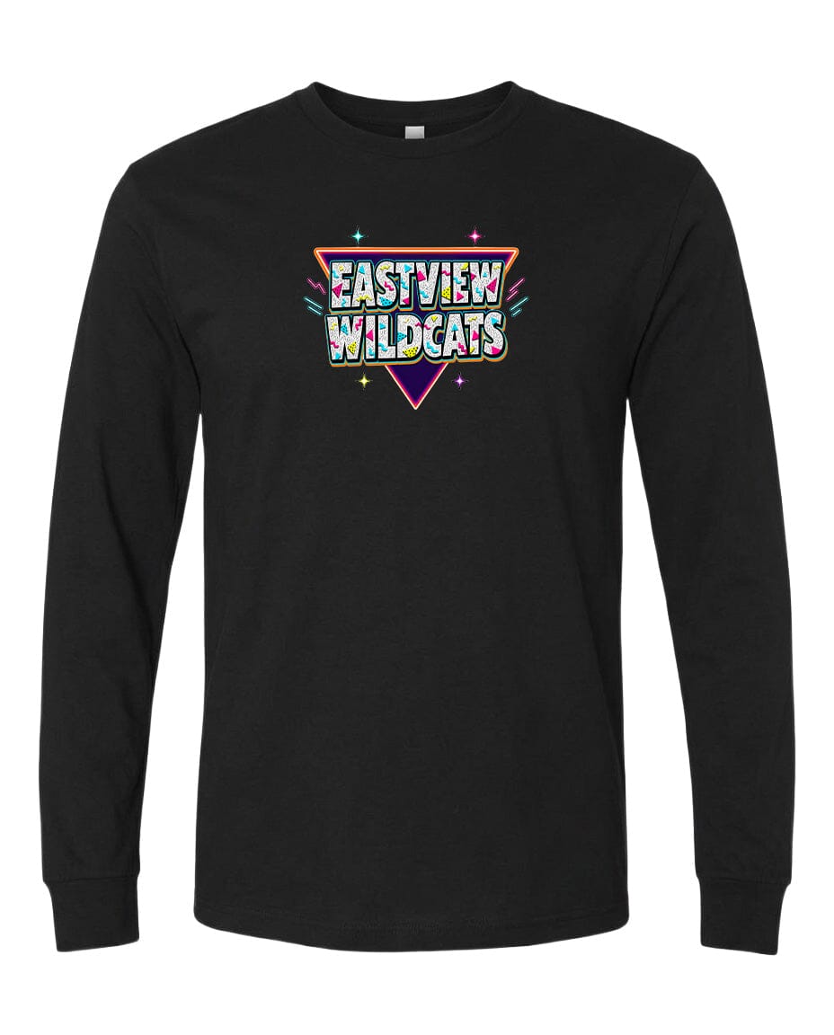 A black long-sleeved t-shirt with a colorful graphic design on the front.