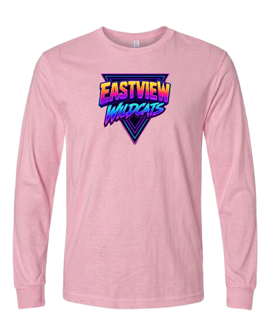 A pink long-sleeved t-shirt with a graphic design featuring the text "EASTVIEW WILDCATS" in a colorful, retro-style font.