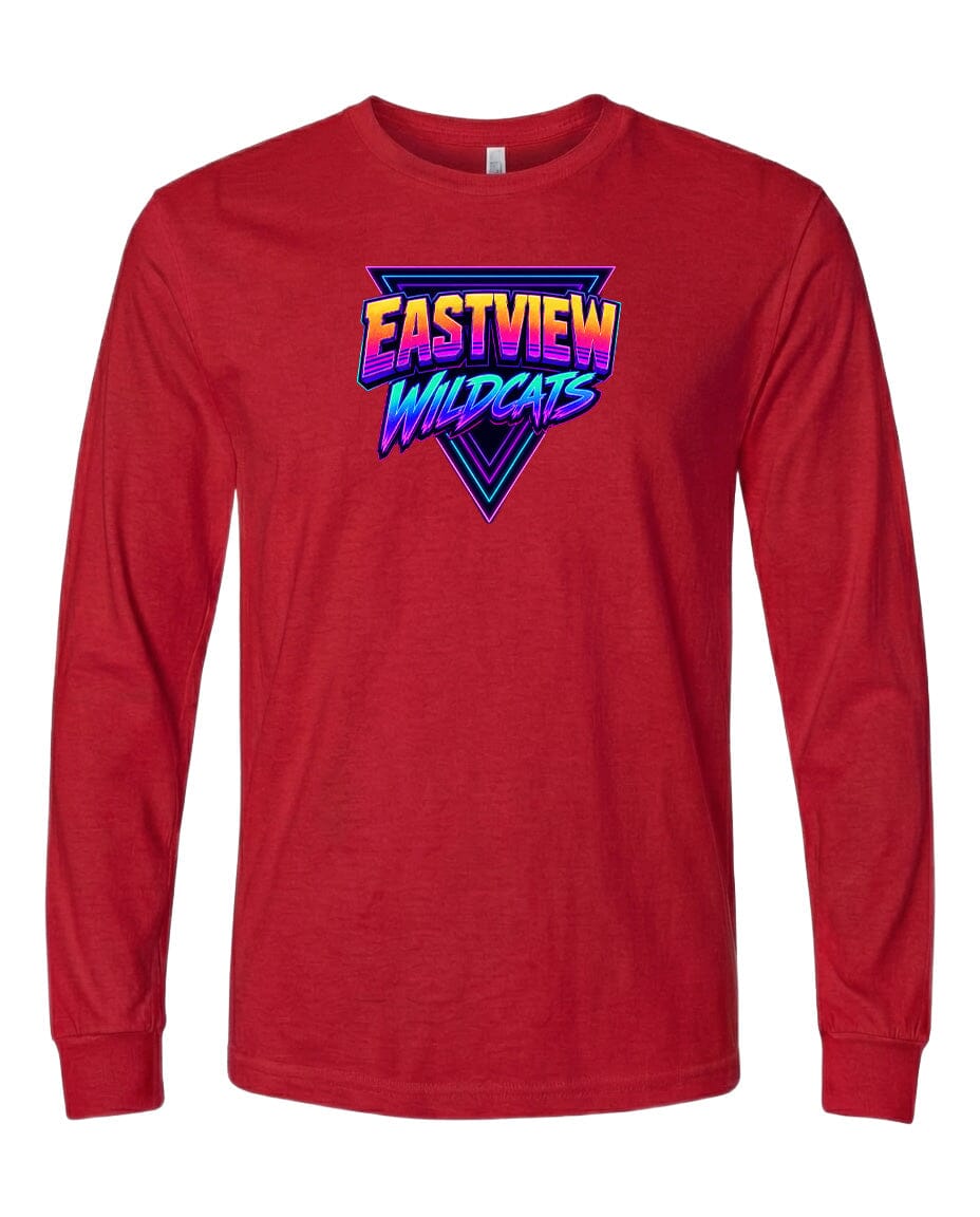 A red long-sleeved t-shirt with a graphic design featuring the text "EASTVIEW WILDCATS" in a stylized font.