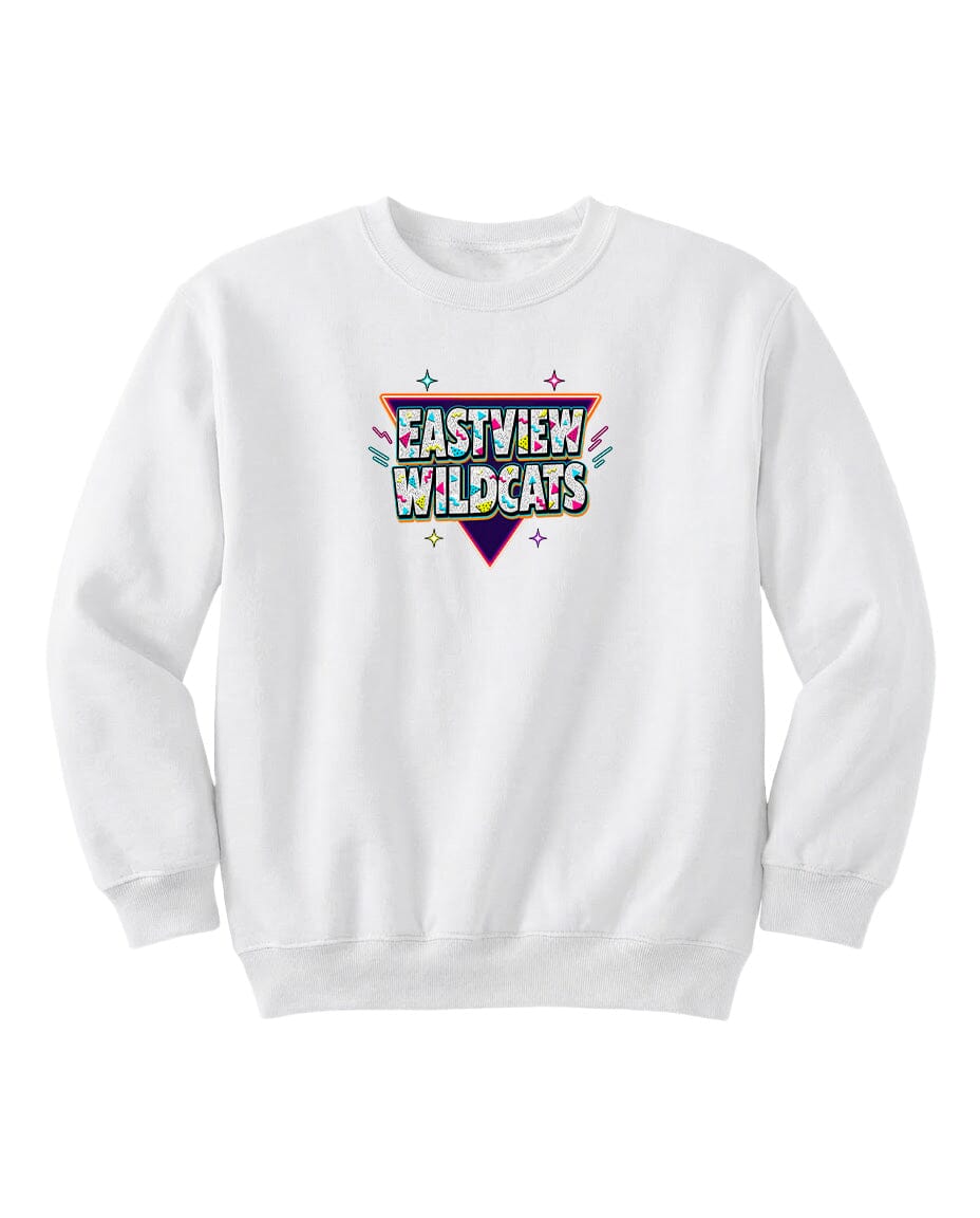 A white sweatshirt with a colorful graphic design on the front.