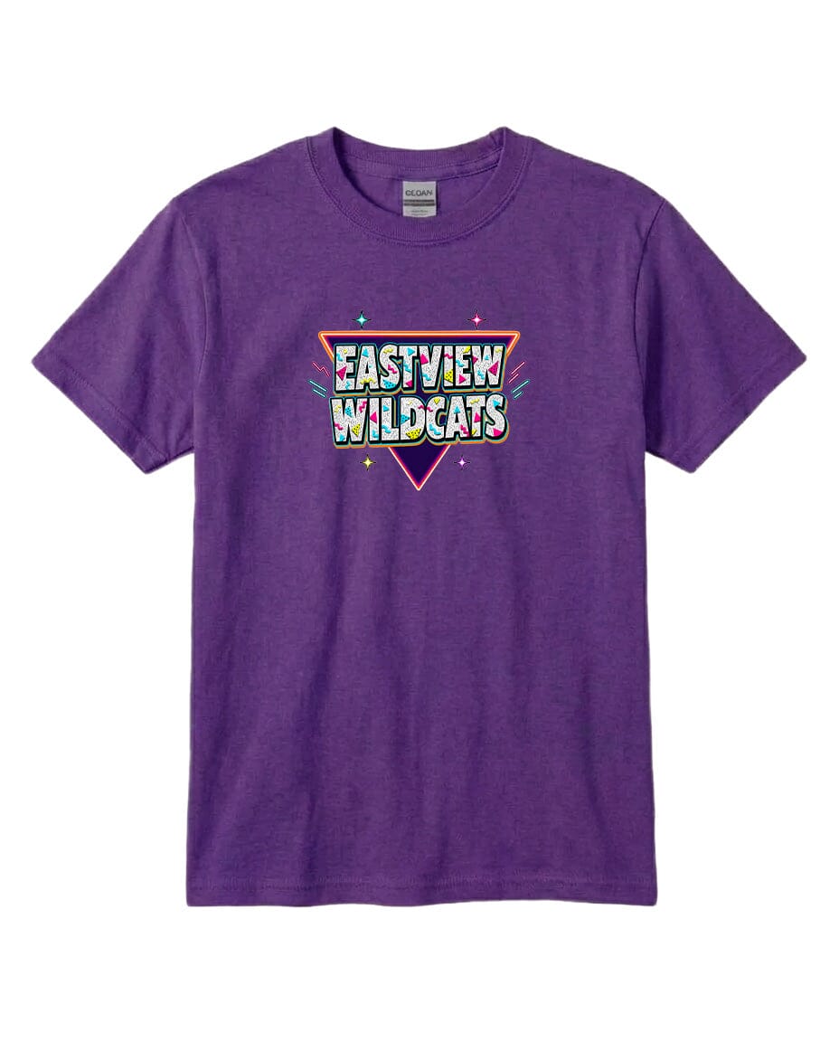 A purple t-shirt with a graphic design featuring the text "EASYVIEW WILDCATS" in a colorful, retro-style font.
