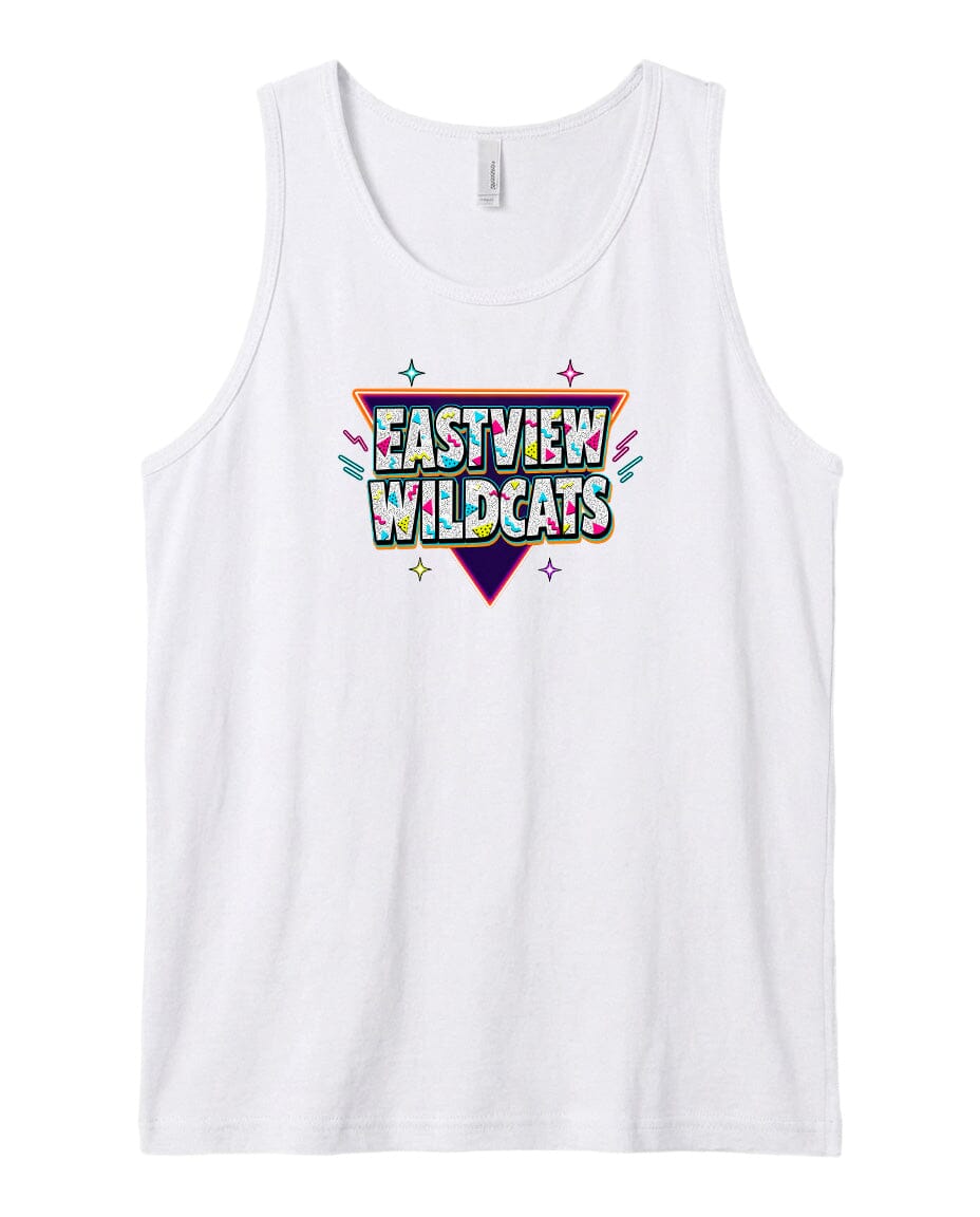 A white tank top with a colorful graphic design featuring the text "EASTVIEW WILDCATS" in a retro style.