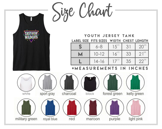 The image is a size chart for a youth jersey tank, displaying various color options and corresponding measurements in inches.