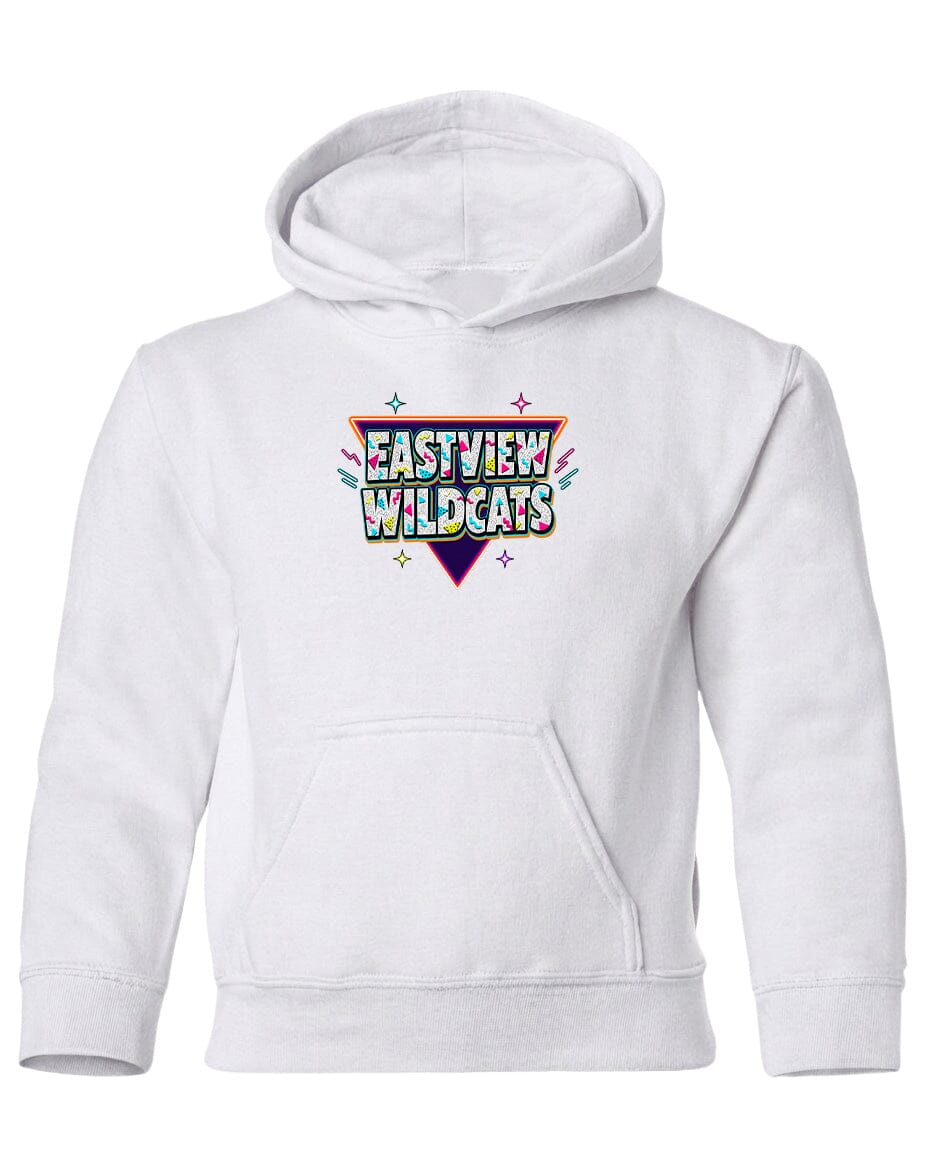 A white hoodie with a colorful graphic design on the front.