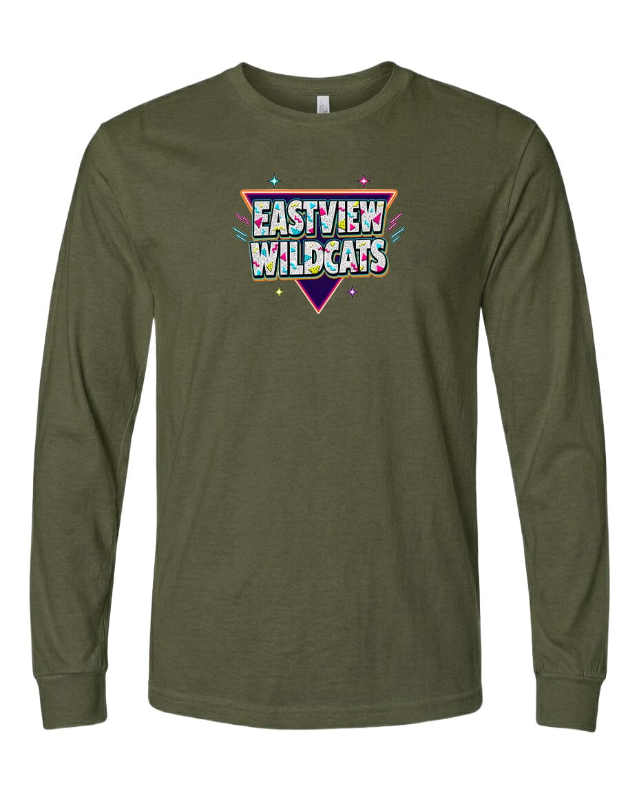 A long-sleeved olive green t-shirt with a colorful graphic design on the front.
