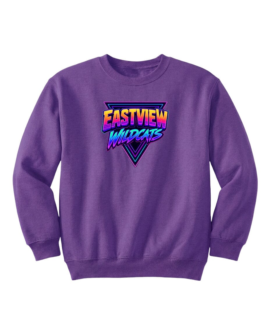 A purple sweatshirt with a graphic design featuring the text "EASTVIEW WILDCATS" in a stylized font.