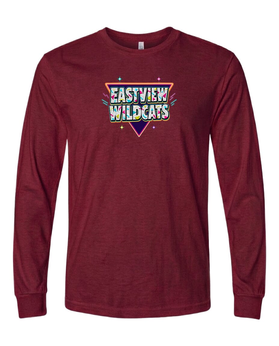 A burgundy long-sleeved t-shirt with a colorful graphic design on the front.