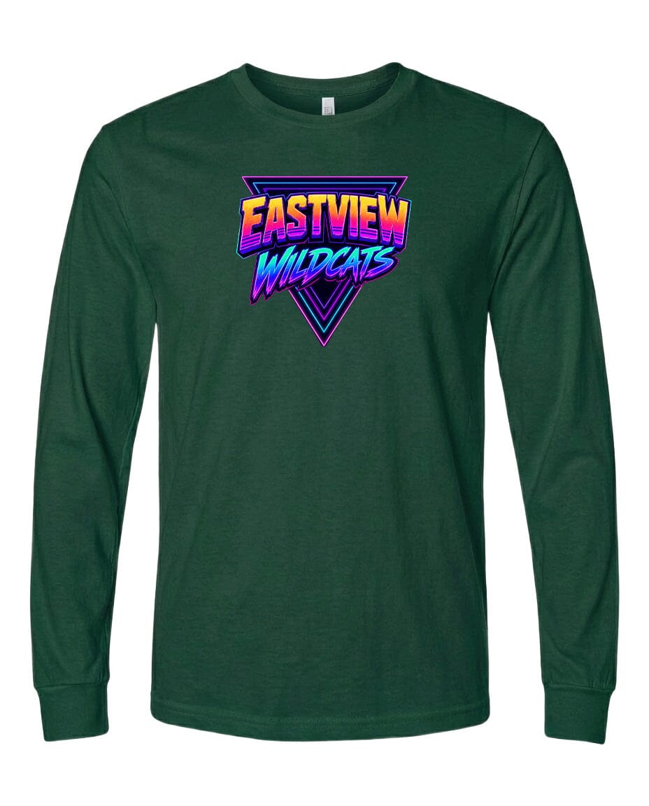 A long-sleeved green t-shirt with a graphic design featuring the text "EASTVIEW WILDCATS" in a stylized font.