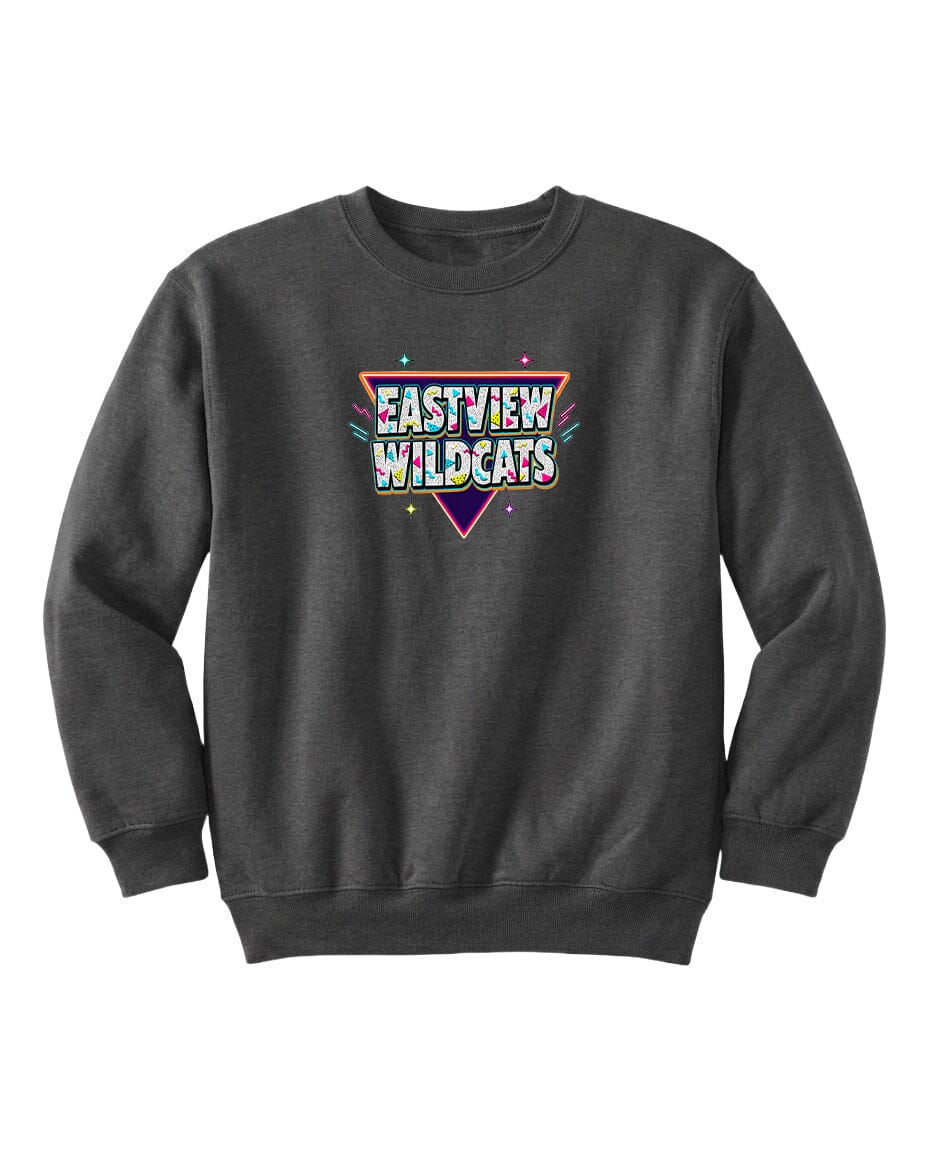 A gray sweatshirt with a colorful graphic design on the front.